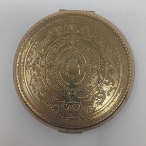 Vintage Stratton Gold Tone Embossed Floral Makeup Face Powder Compact Mirror J1